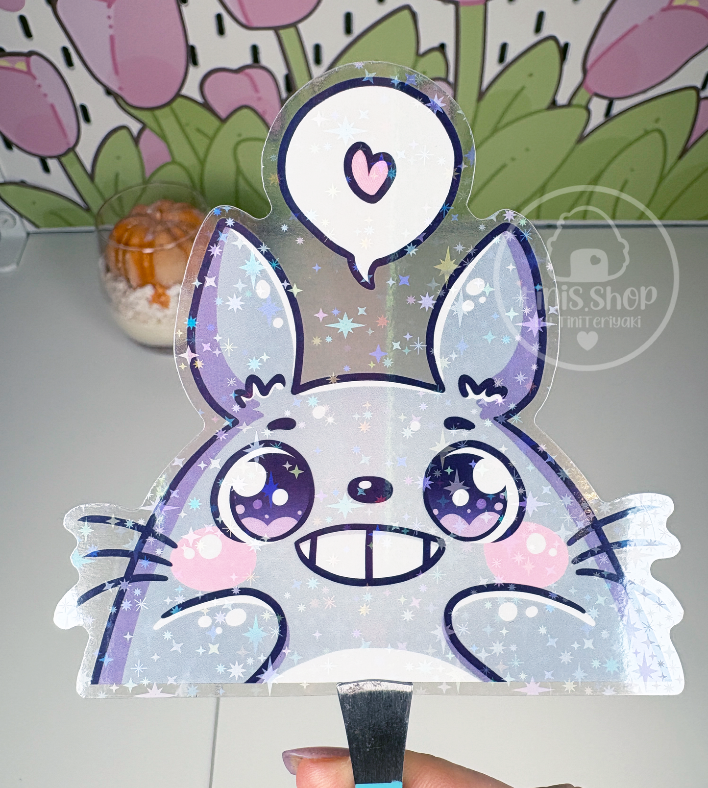 Grauer Hase - Chunky Sticker transparent mit Holo-Effekt