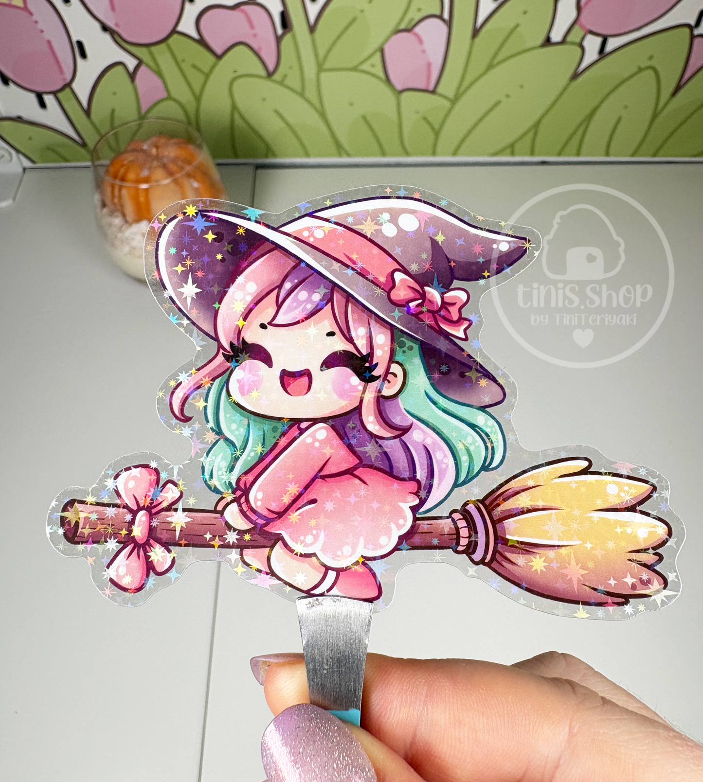 Hexe auf Besen - Chunky Sticker transparent mit Holo-Effekt