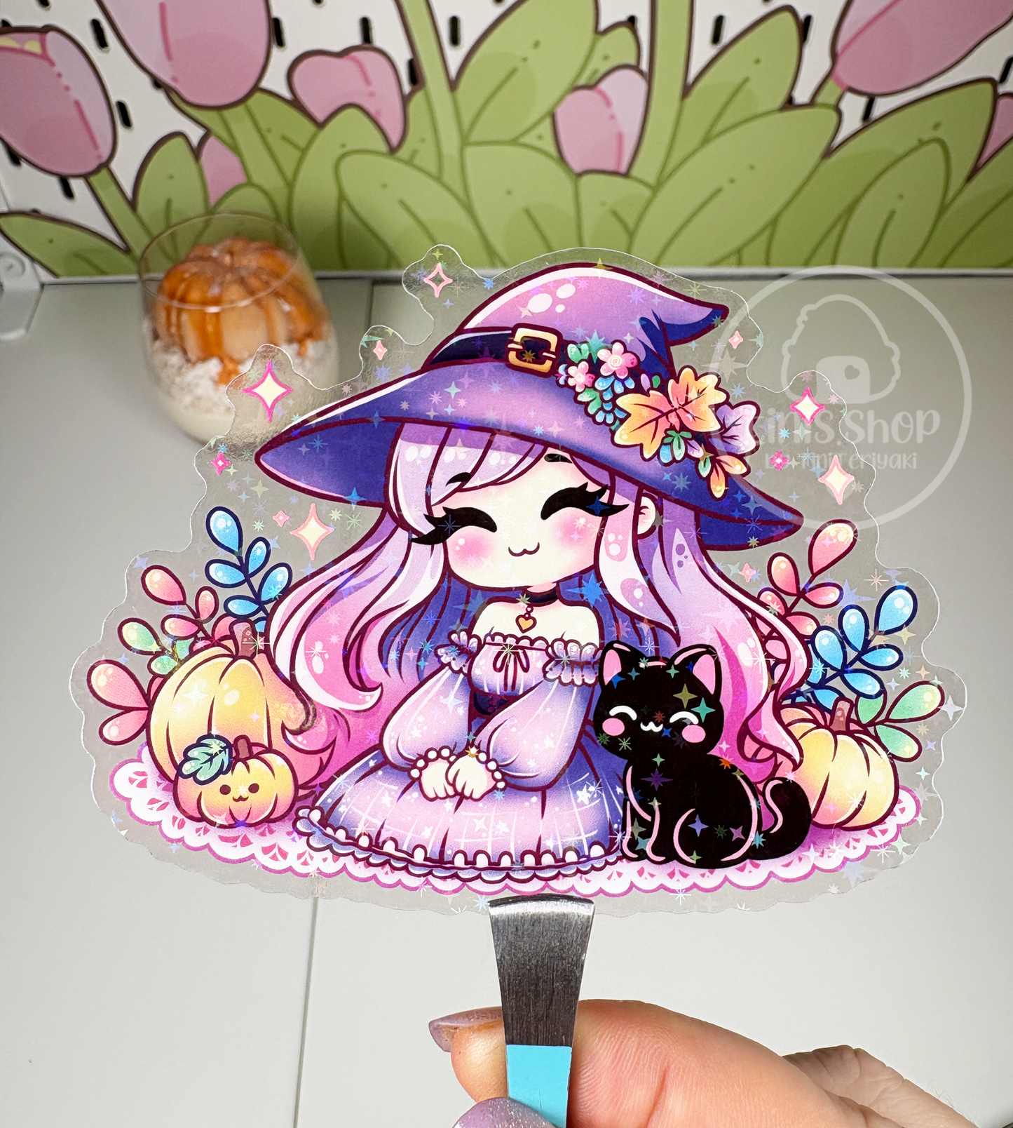 Hexe im Herbst - Chunky Sticker transparent mit Holo-Effekt