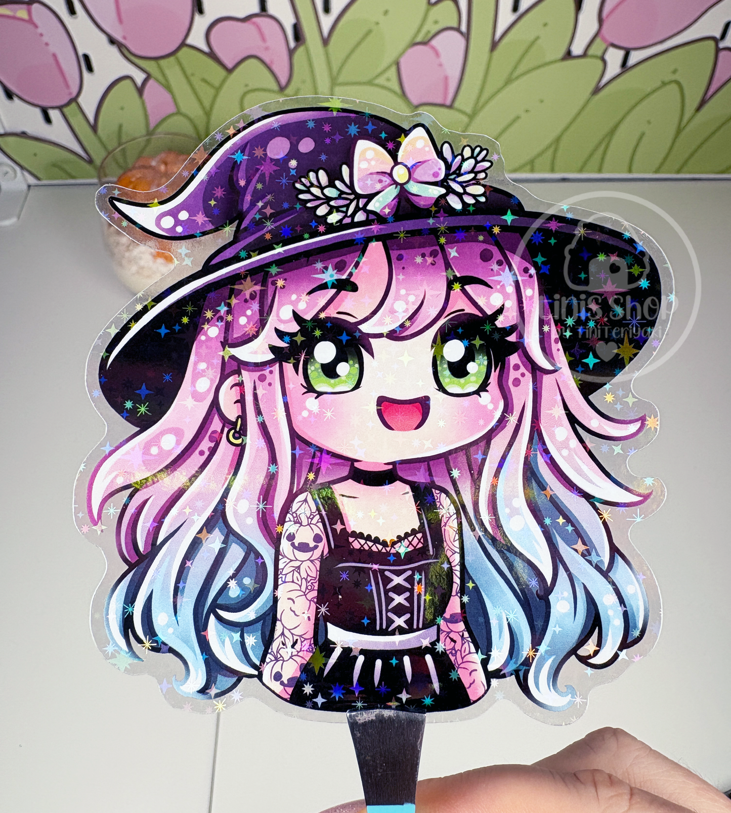 Hexe mit Tattoos - Chunky Sticker transparent mit Holo-Effekt