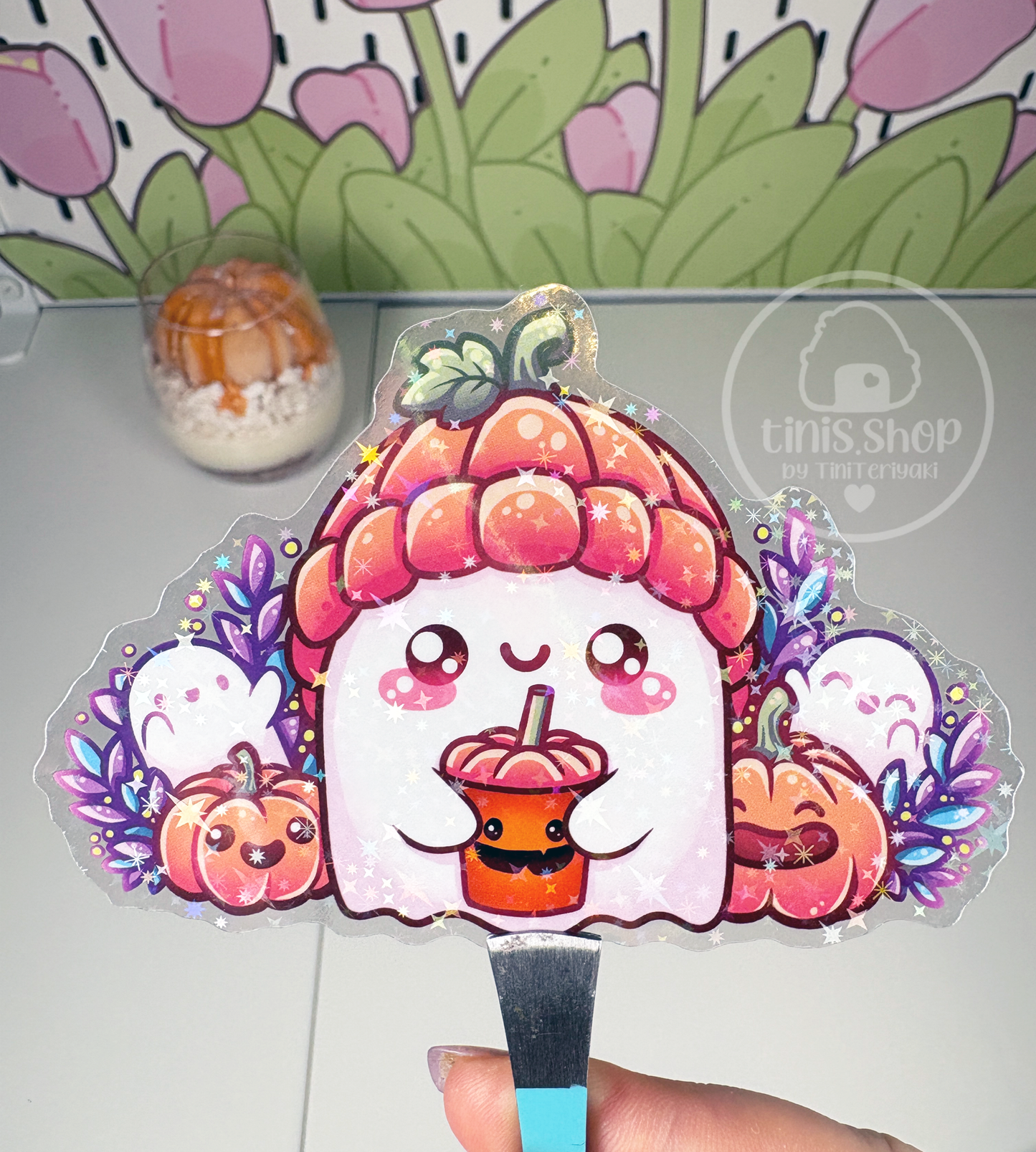 Kürbisgeist - Chunky Sticker transparent mit Holo-Effekt