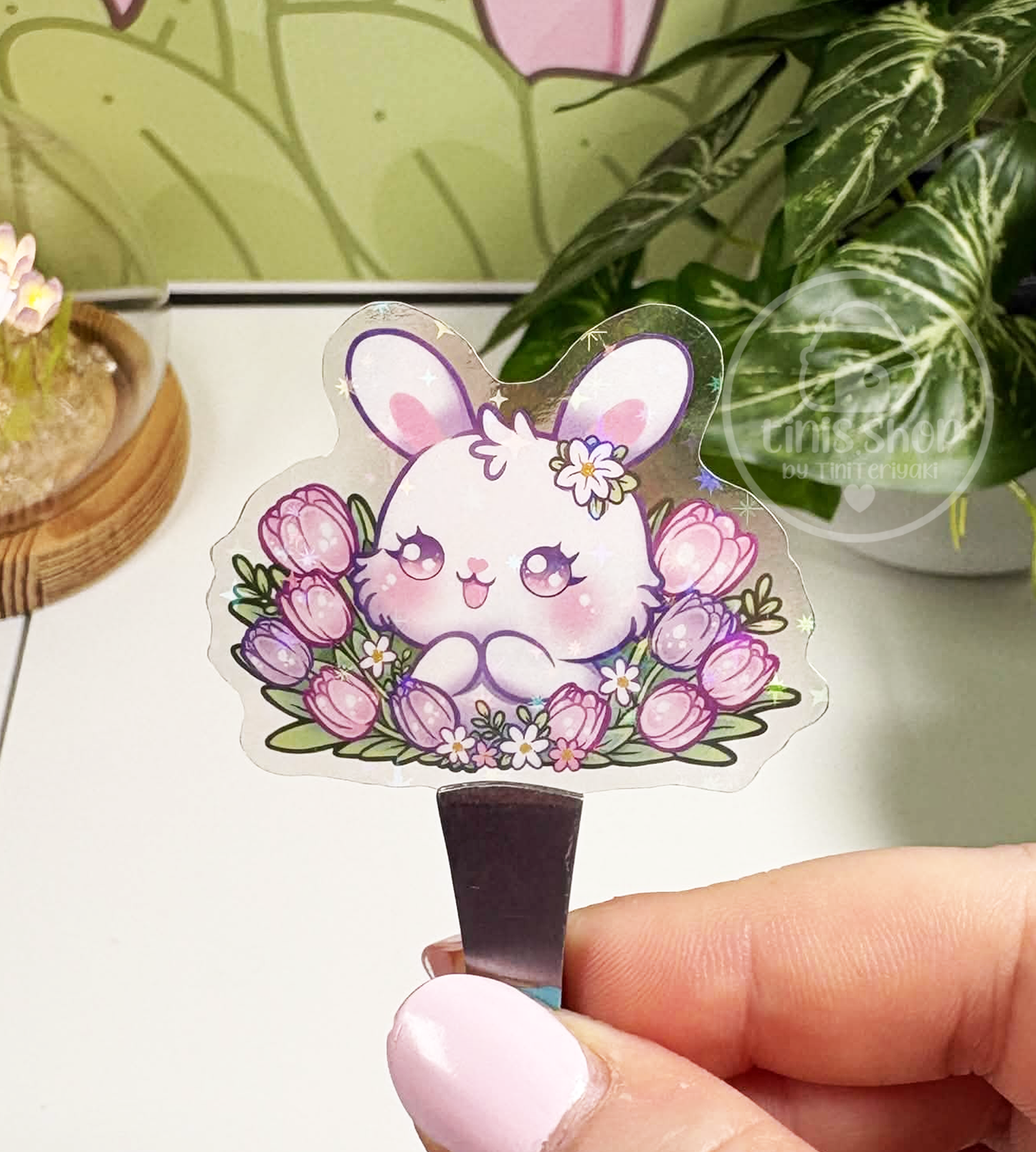 Häschen Tulpen - transparenter Sticker mit Holo-Effekt