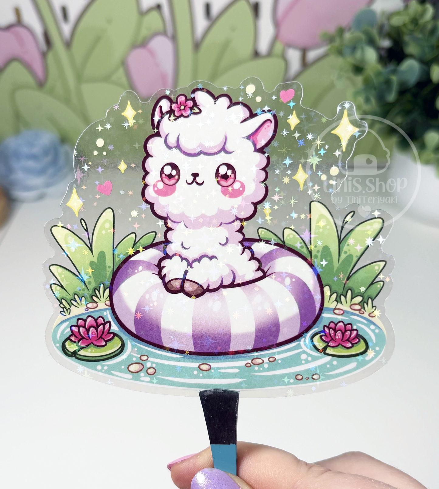 Alpaka im Schwimmring - Chunky Sticker transparent mit Holo-Effekt