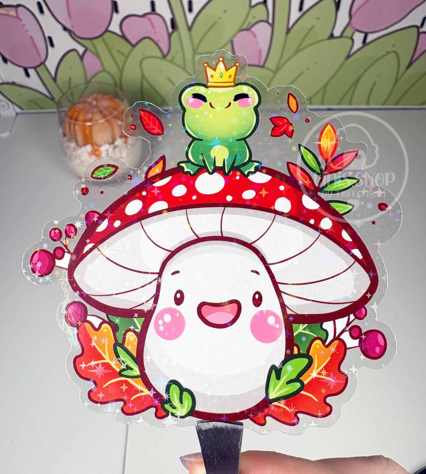 Frosch auf Pilz - Chunky Sticker transparent mit Holo-Effekt