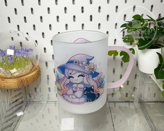 Hexe im Herbst - Glastasse Henkel rosa