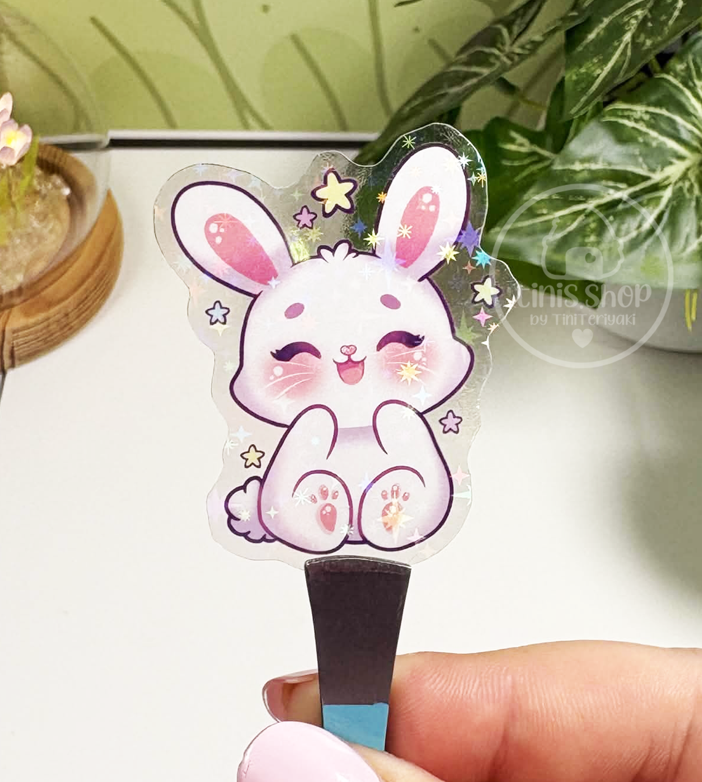 Häschen mit Sternen - transparenter Sticker mit Holo-Effekt