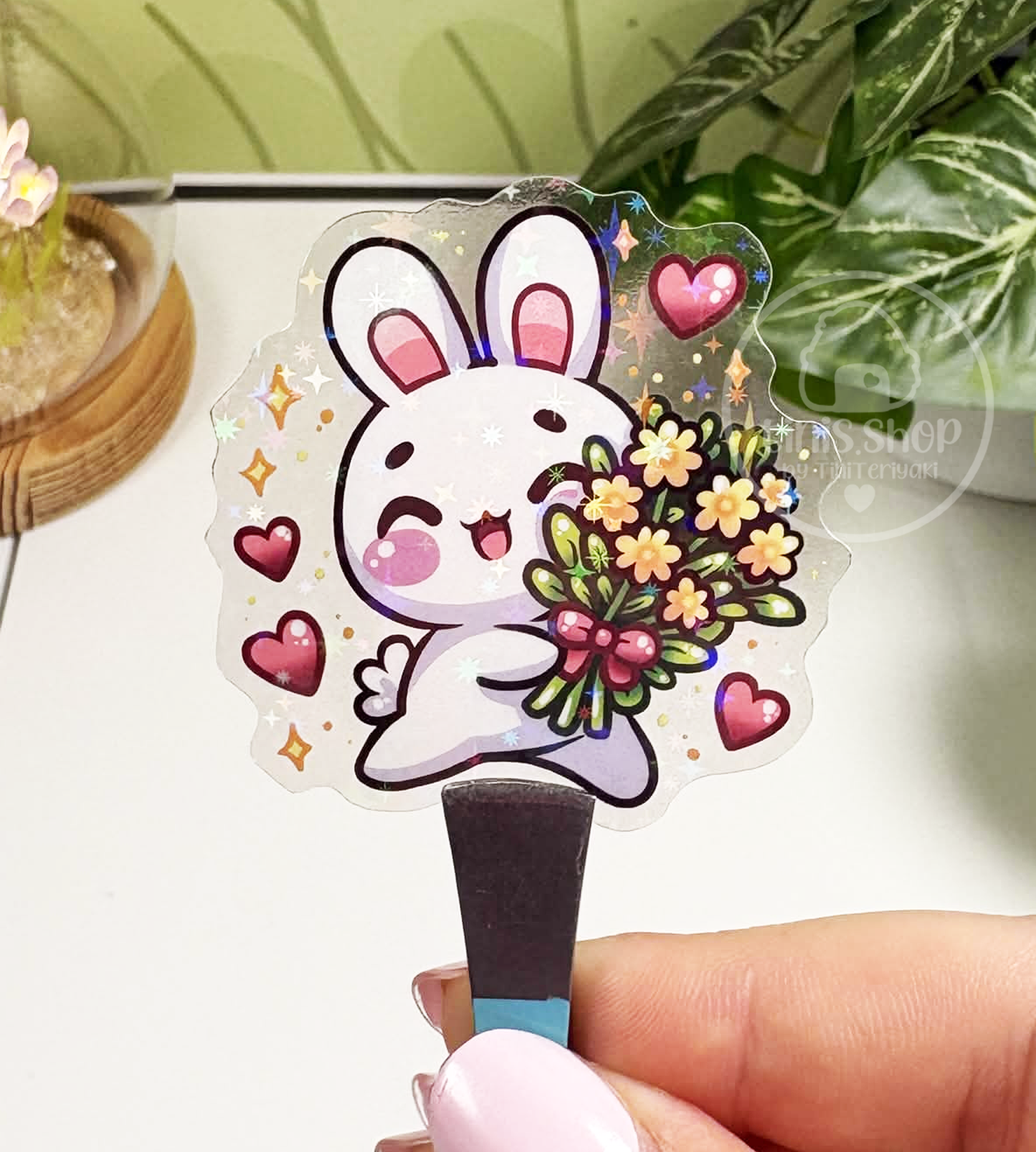 Häschen mit Blumen - transparenter Sticker mit Holo-Effekt