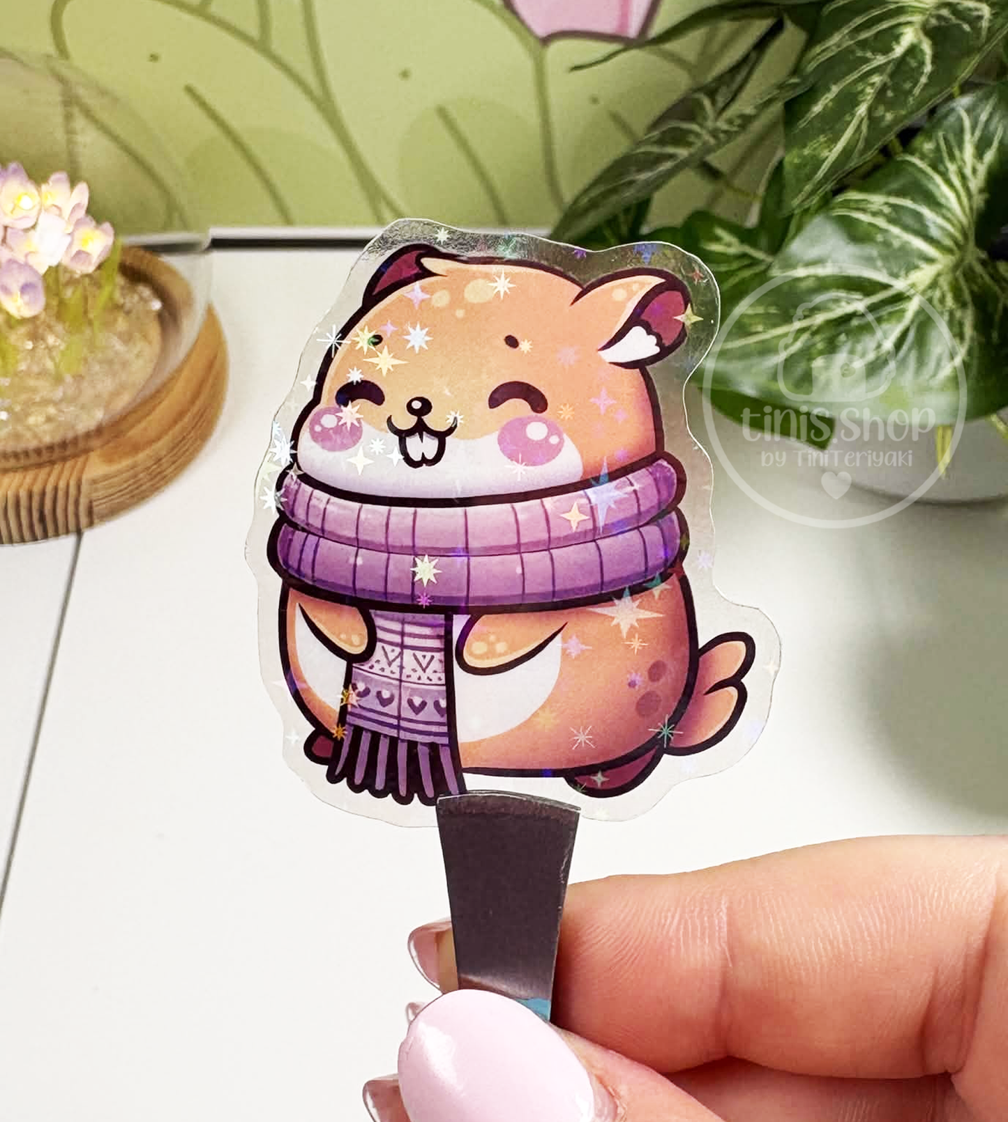Hamster mit Schal - transparenter Sticker mit Holo-Effekt