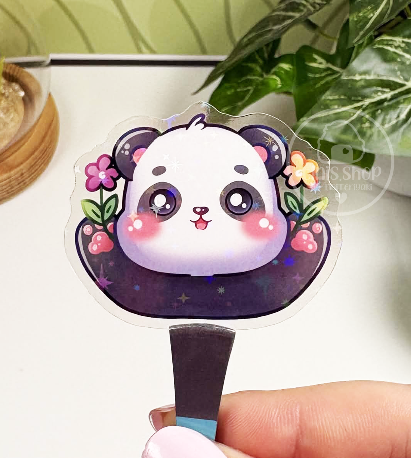 Panda Blumen - transparenter Sticker mit Holo-Effekt