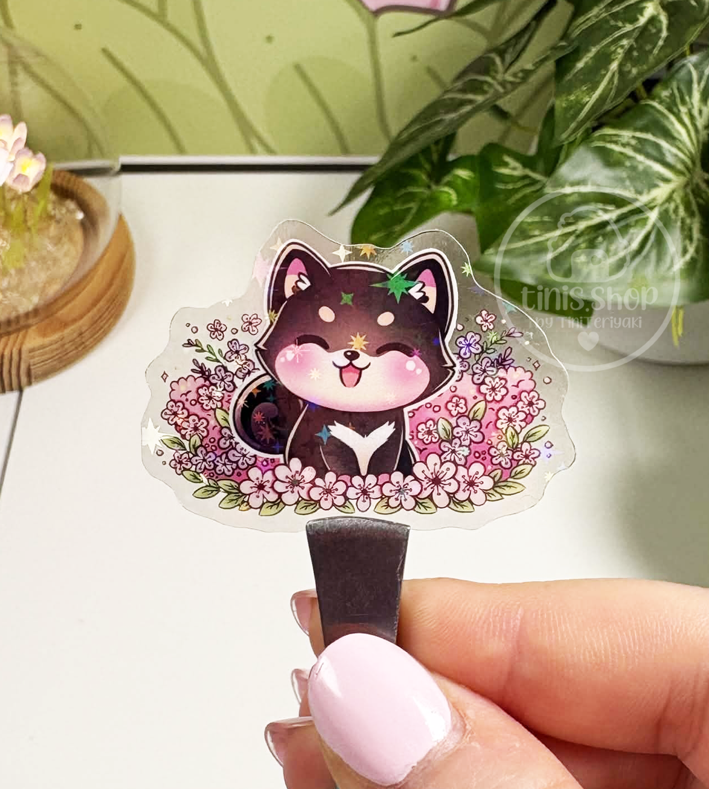 Shiba Sakura - transparenter Sticker mit Holo-Effekt