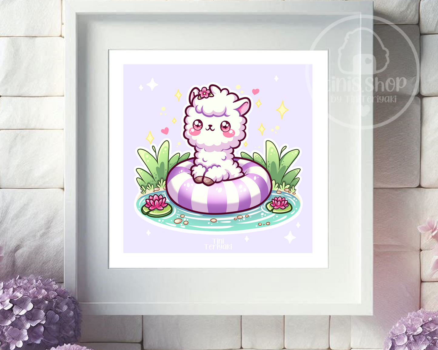 Alpaka im Schwimmring - Art Print