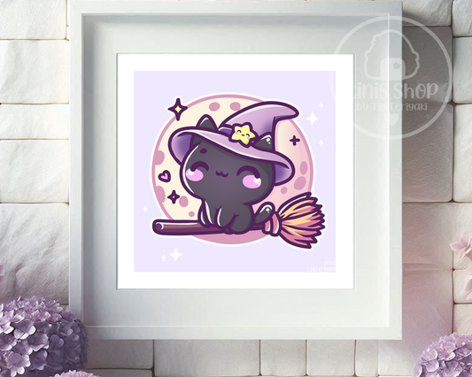 Katze auf Besen - Art Print