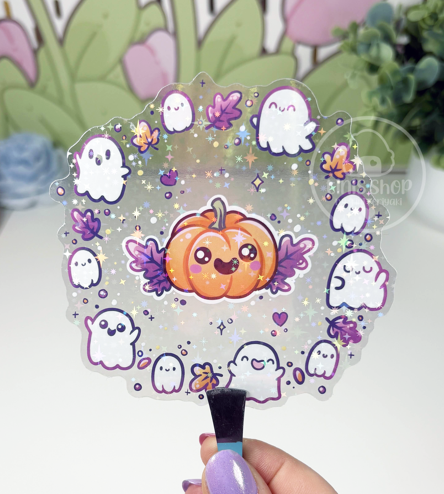 Geister mit Kürbis - Chunky Sticker transparent mit Holo-Effekt