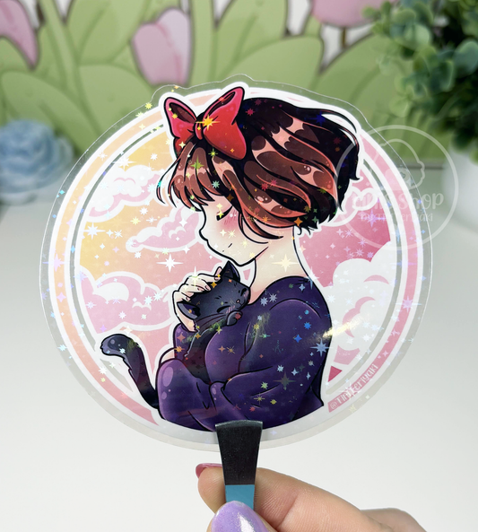 Mädchen mit Katze - Chunky Sticker transparent mit Holo-Effekt