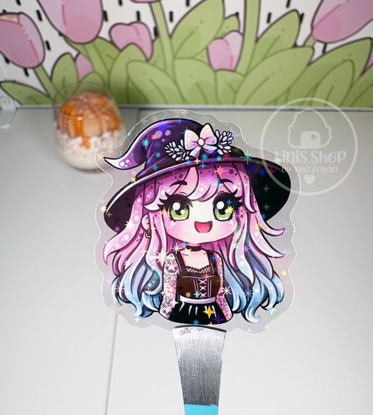 Hexe mit Tattoos - transparenter Sticker mit Holo-Effekt