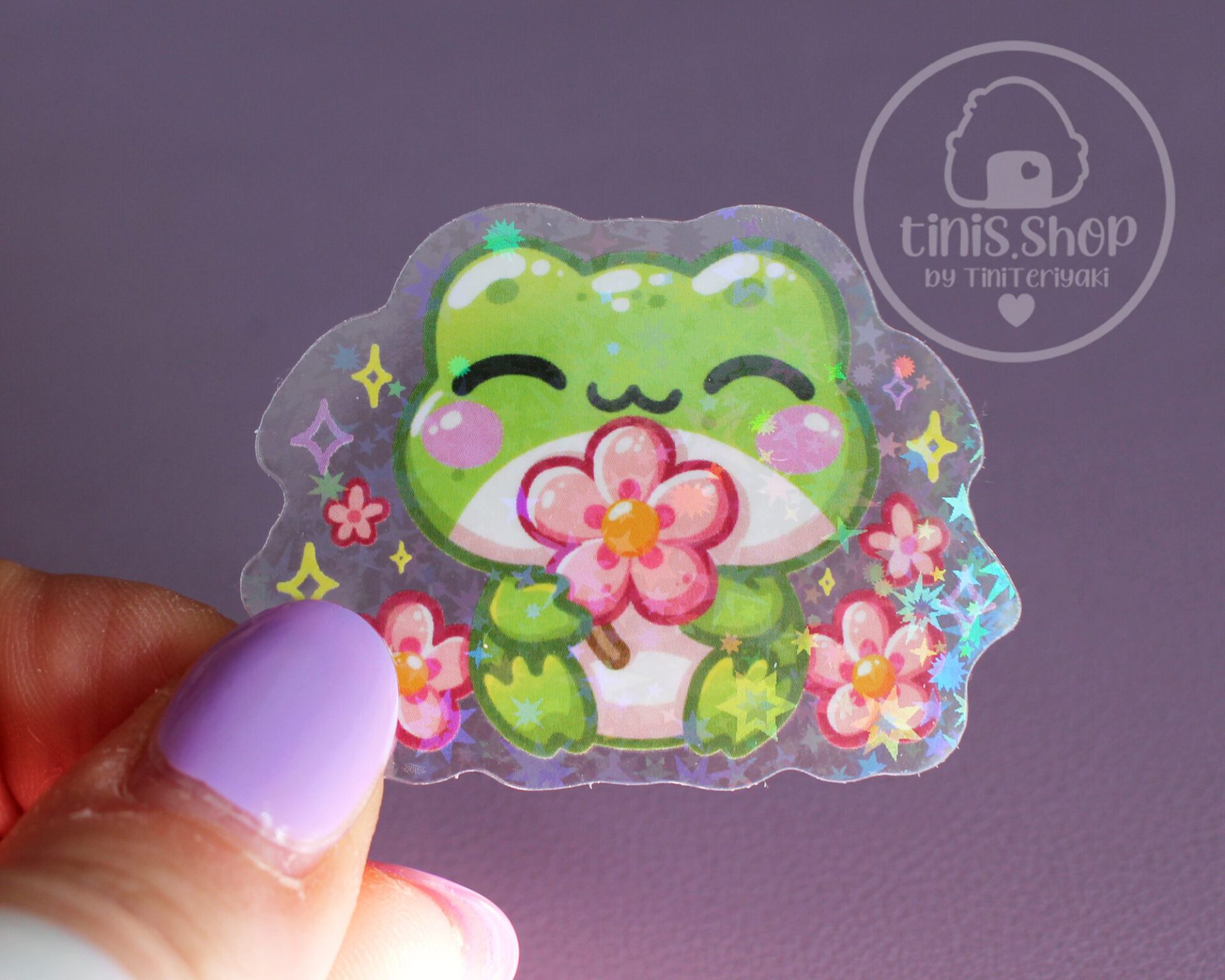 Froschi mit Blume – transparenter Sticker mit Holo-Effekt